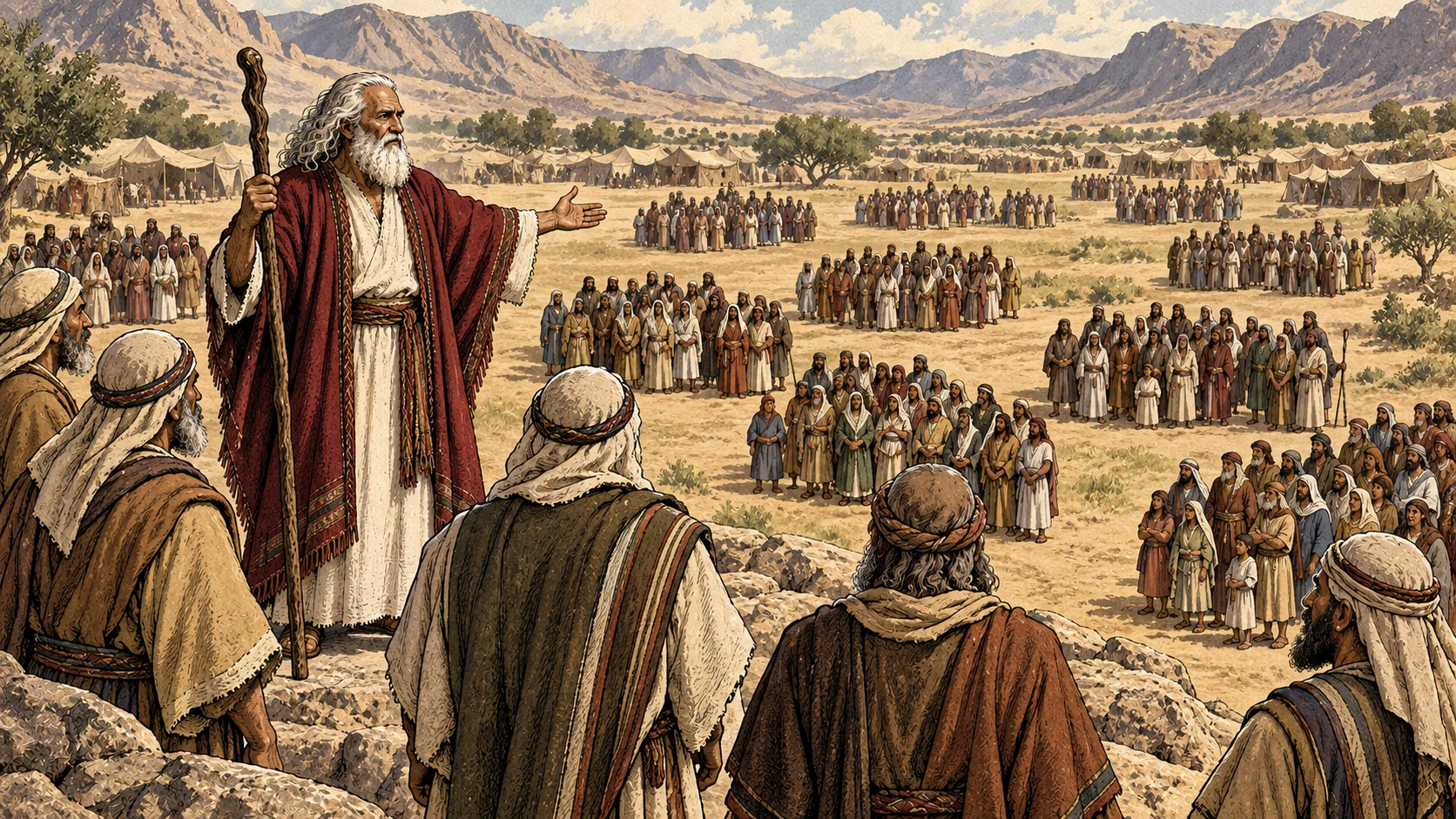 Moses stands with elders overlooking several distinct groups in the encampment.