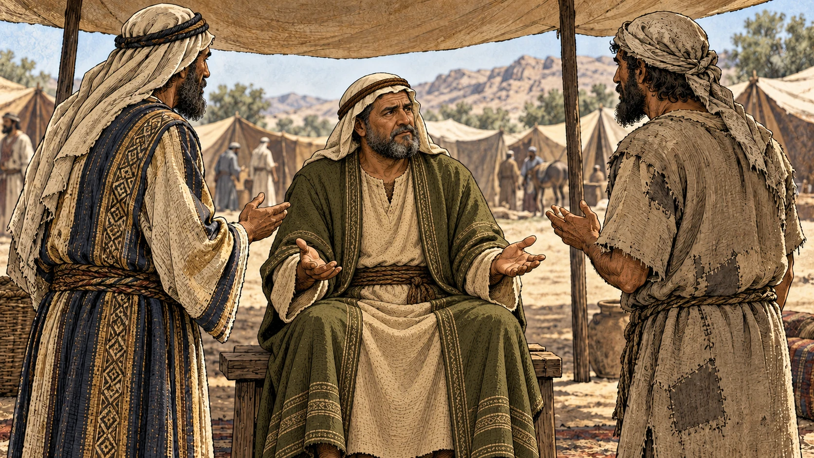 An anonymous seated judge hears two equally placed petitioners in different-quality robes.