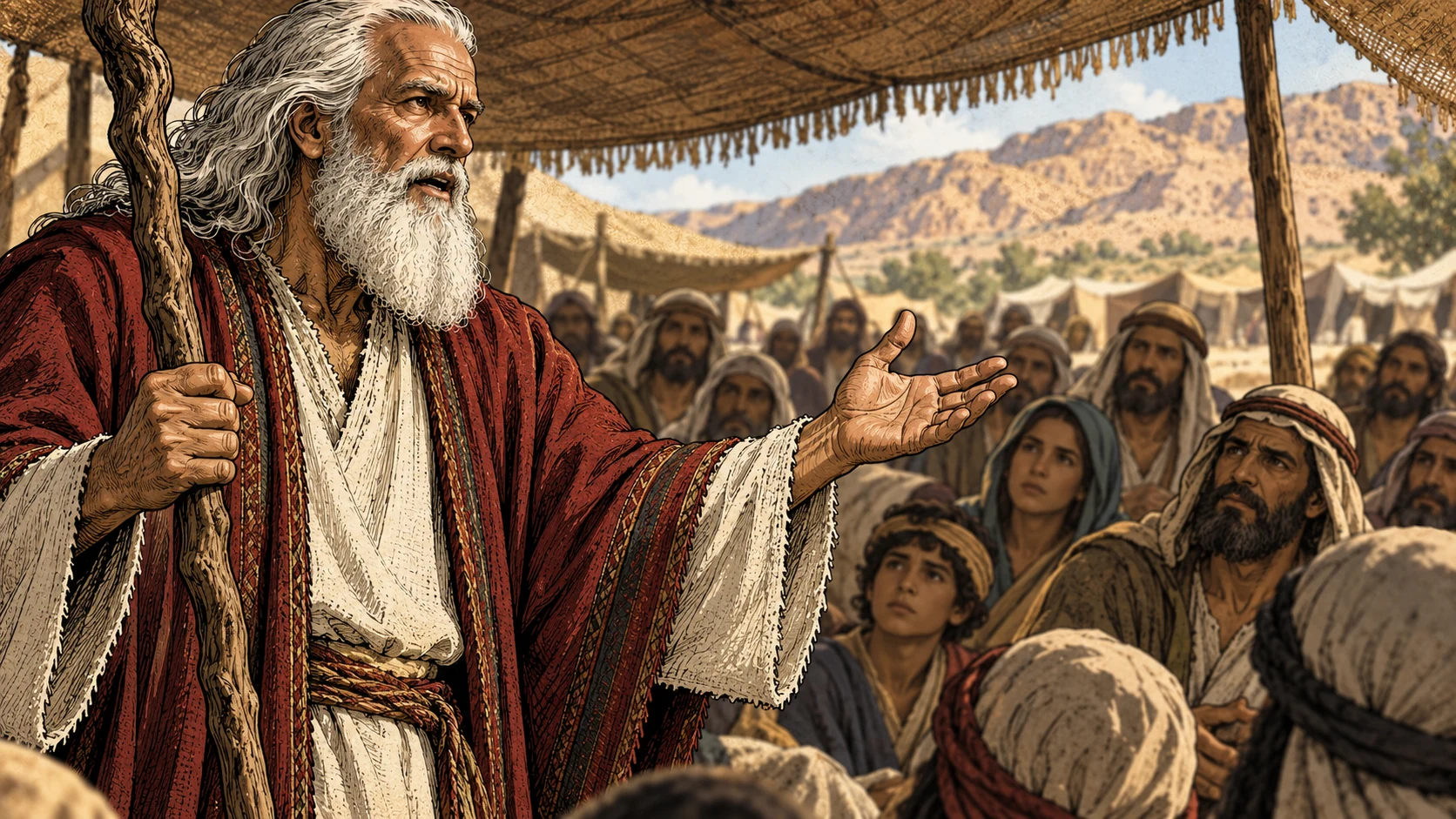 Moses opens his hand in instruction beside his wooden staff before attentive camp listeners.
