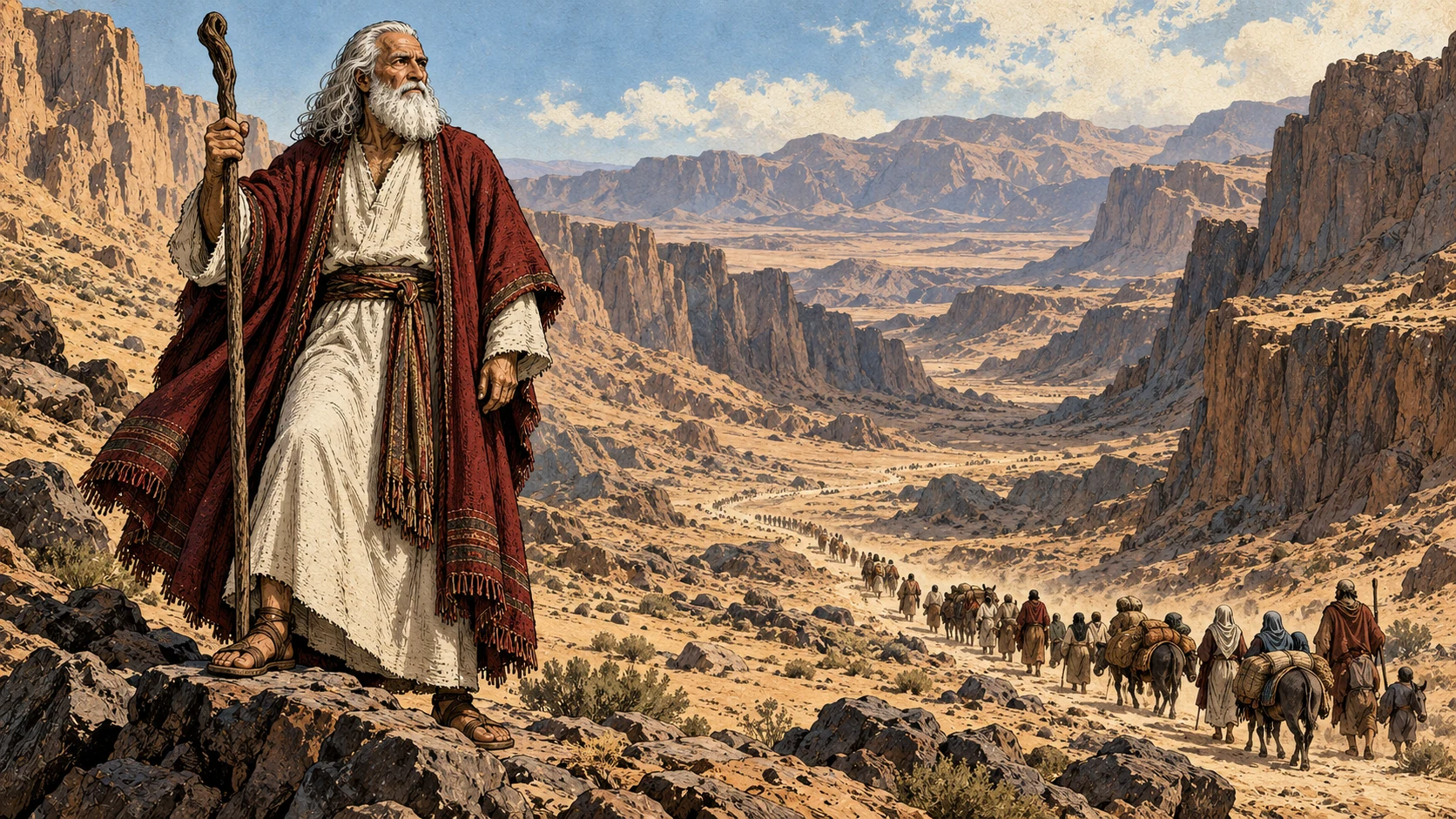 Moses stands above a long Israelite caravan traveling through a vast rocky wilderness.