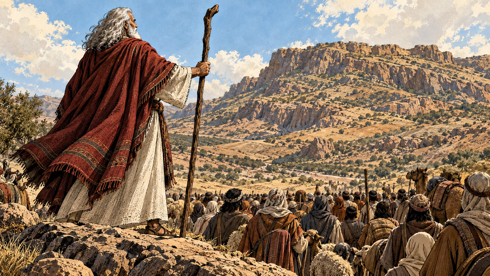 From behind Moses, a gathered caravan faces the rugged hill country ahead.