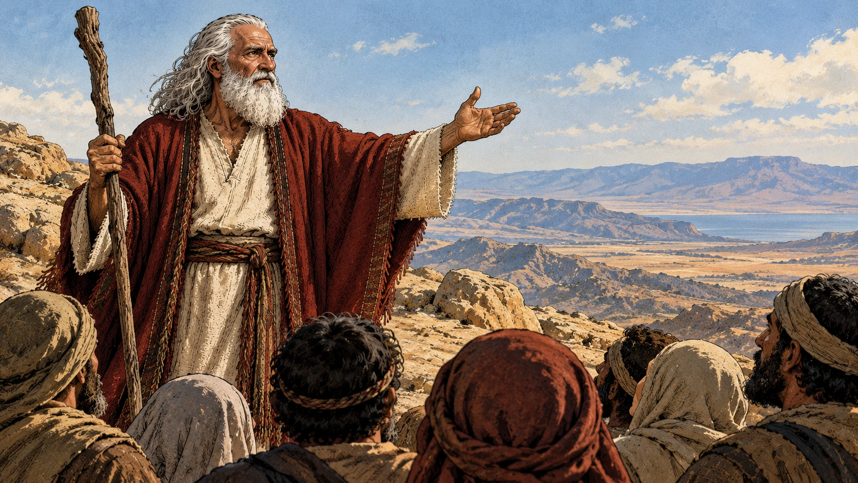 Moses speaks resolutely with an open hand while Israelites listen against a distant landscape.