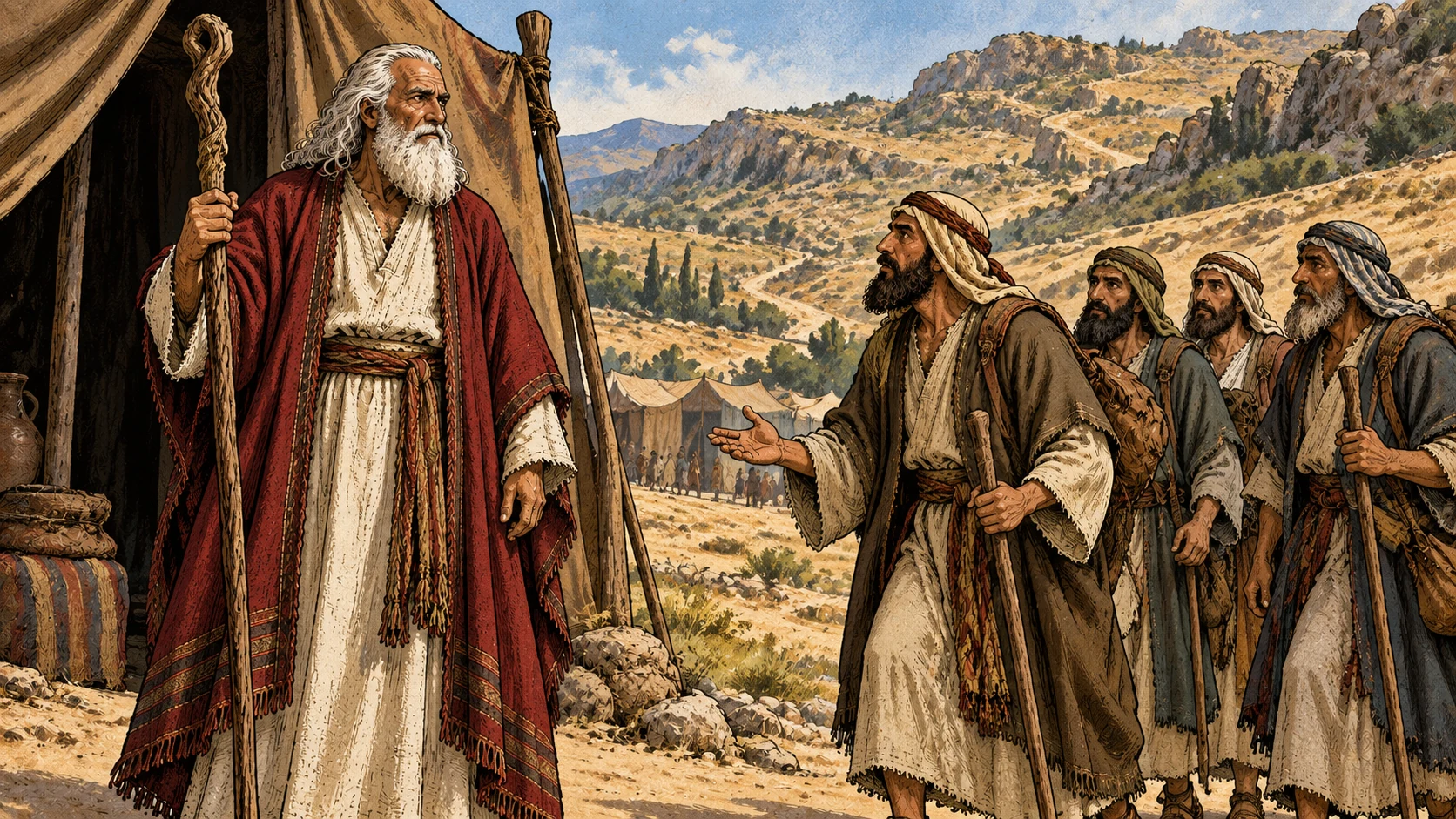 A delegation approaches Moses at the entrance of a tent, facing the hill-country route.