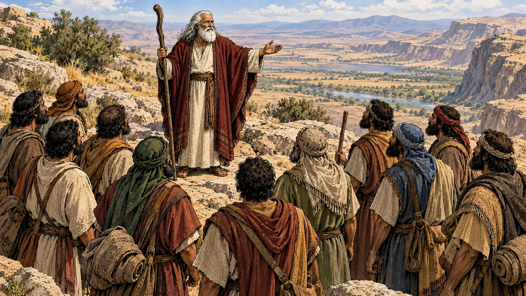 Twelve scouts gather around Moses above an open landscape.