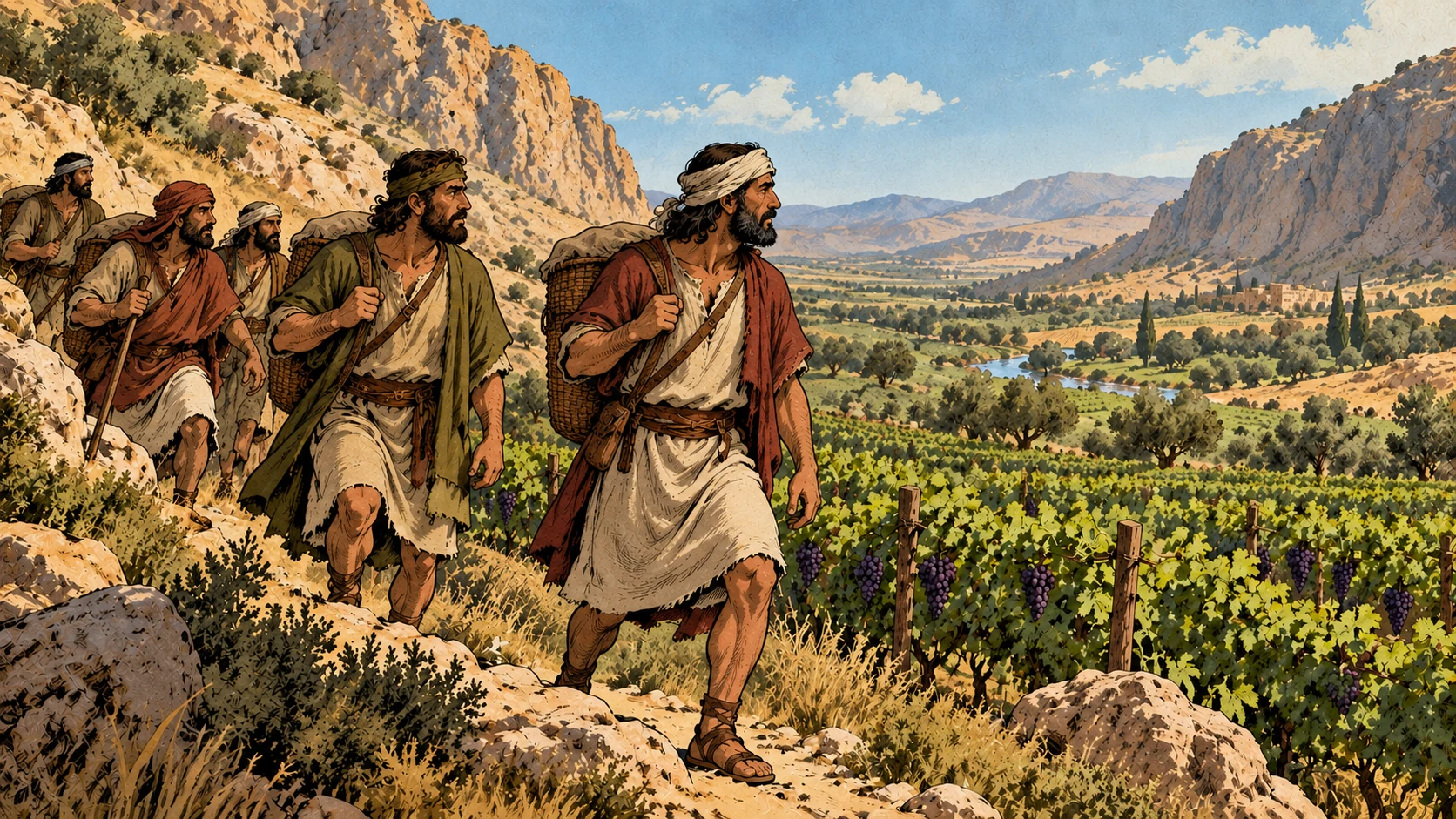 Scouts walk through the vineyard valley with ordinary travel packs.