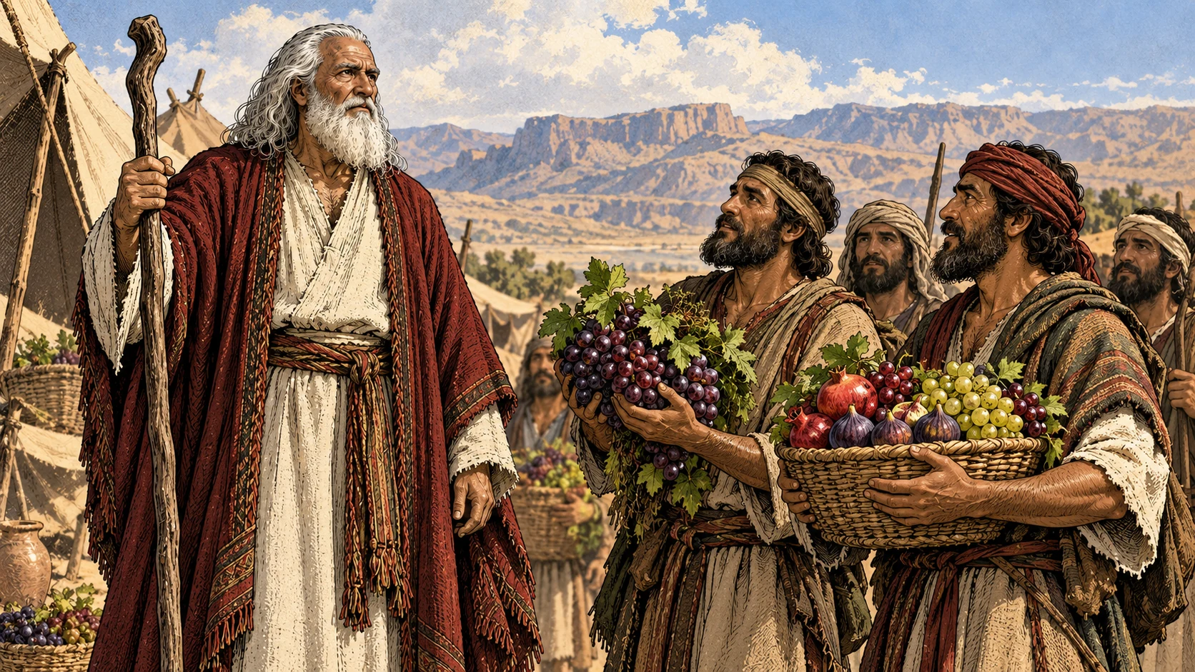 Scouts bring fruit to Moses and the gathered people.