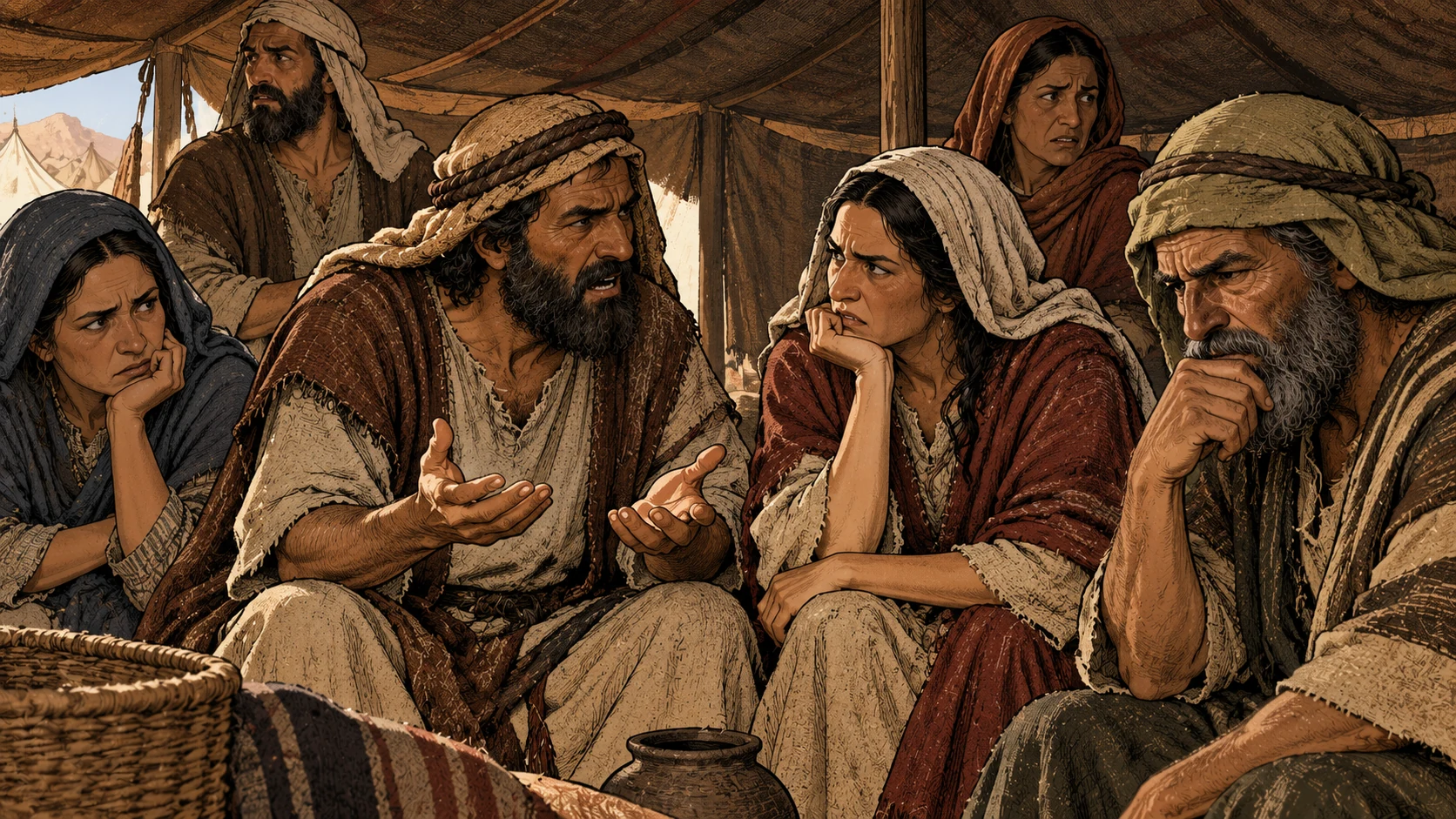 Worried people grumble together inside a tent.