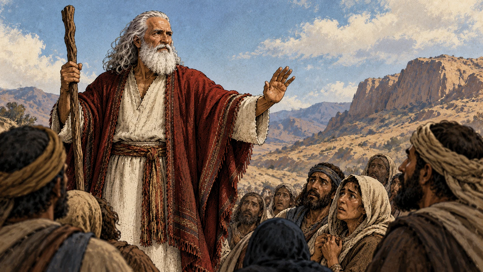 Moses reassures fearful listeners with an open hand.