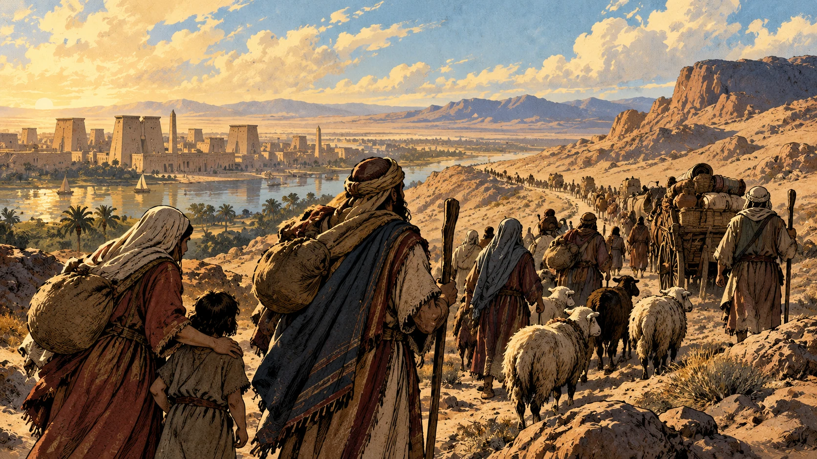 An anonymous caravan departs an Egyptian riverside landscape.