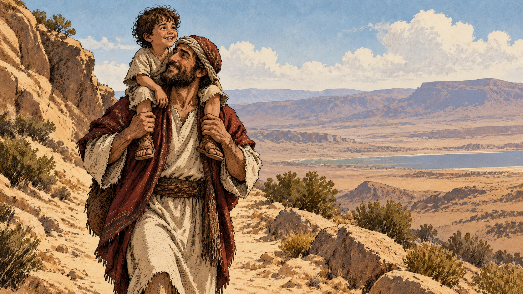 A human father carries a tired child through the wilderness.