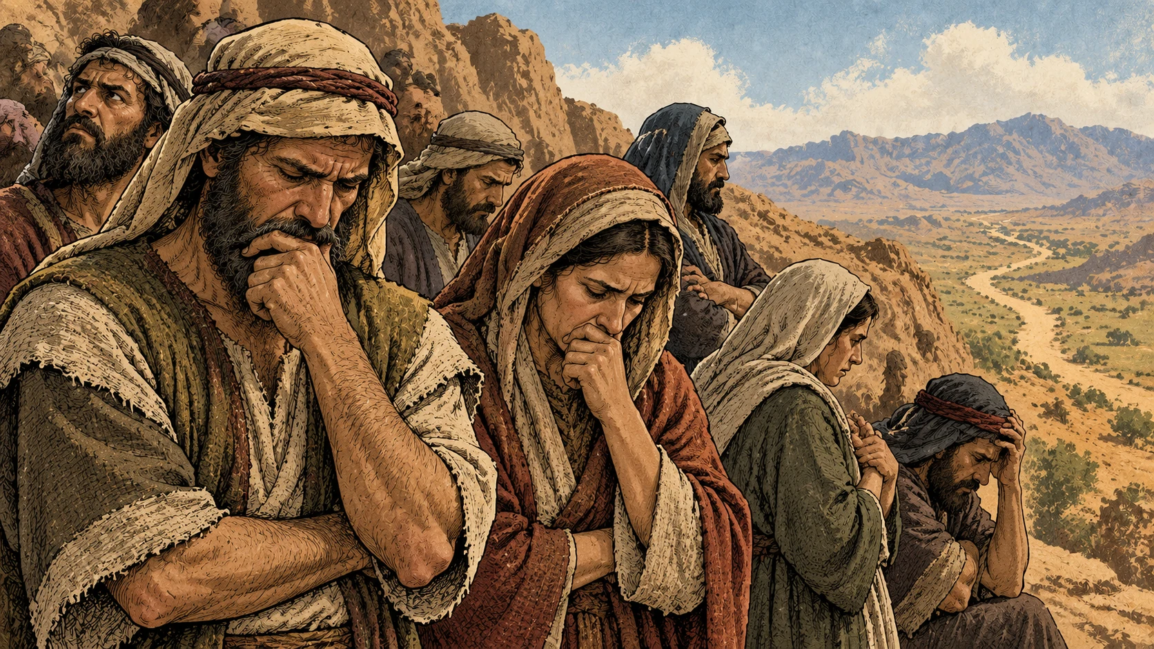 Pensive people sit with worried, closed expressions.