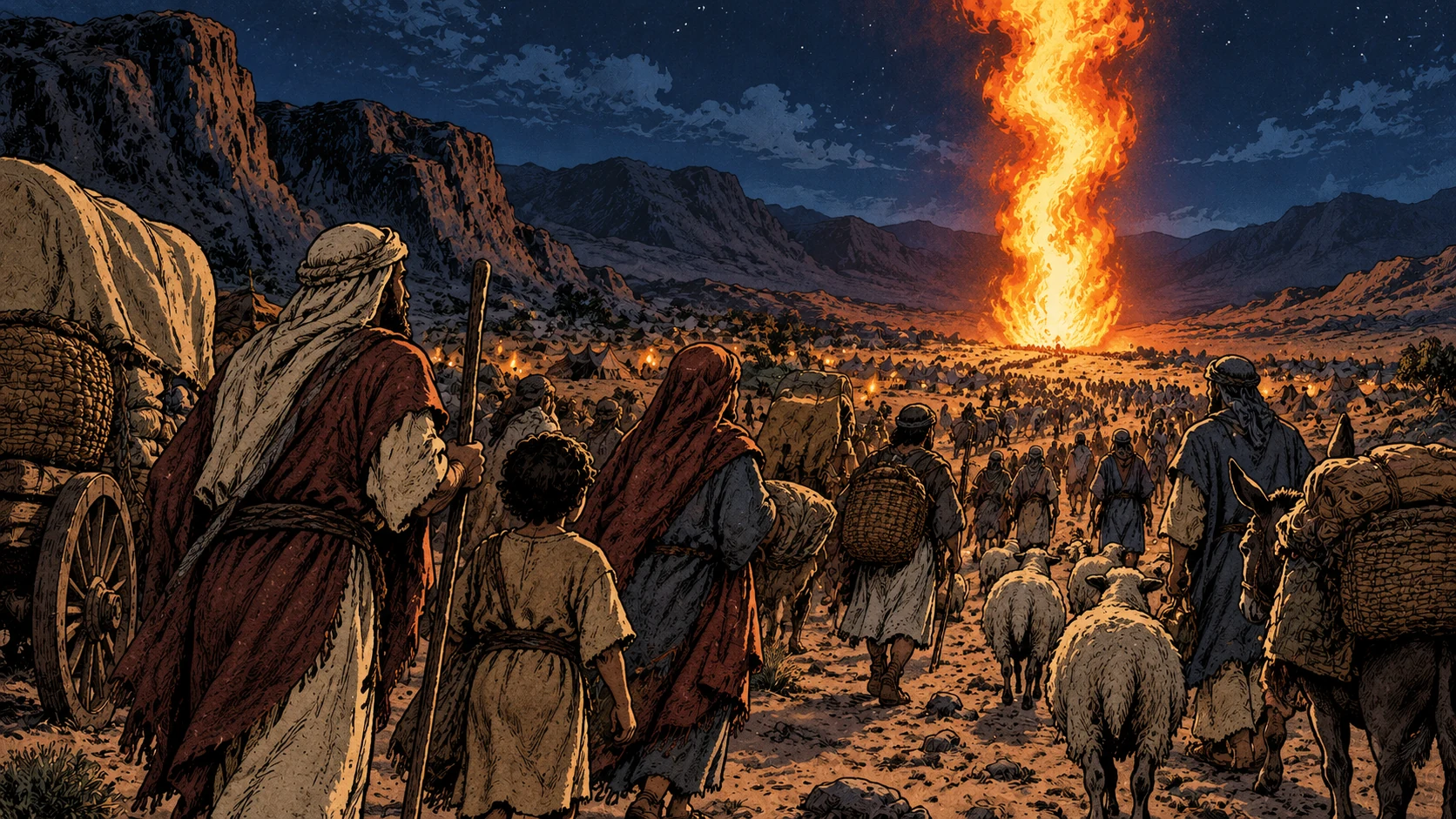 A pillar of fire guides the camp under the night sky.