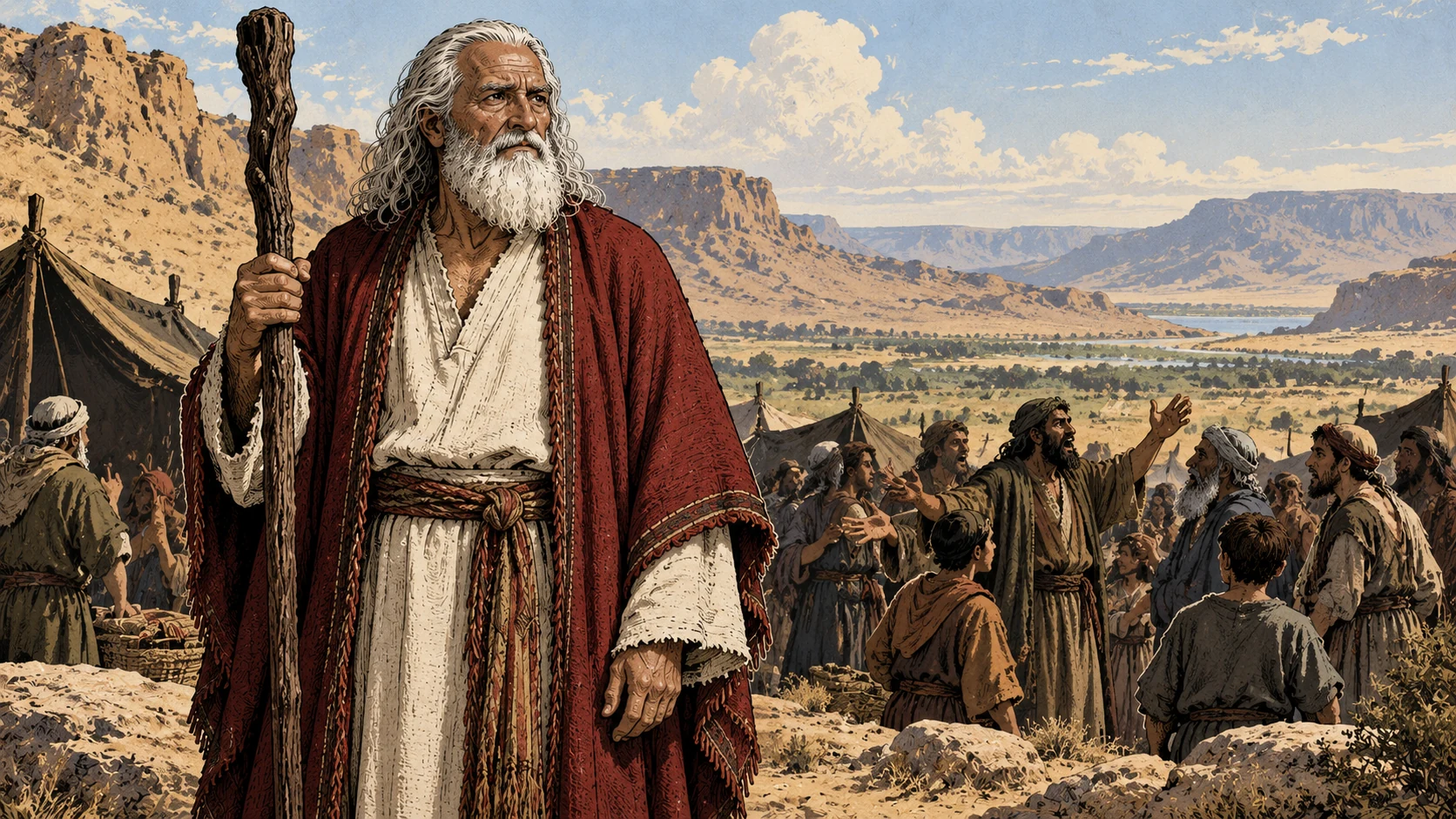 Moses looks somber as the people gather behind him.