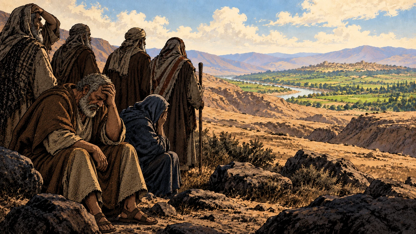 Anonymous elders grieve while looking toward the distant land.