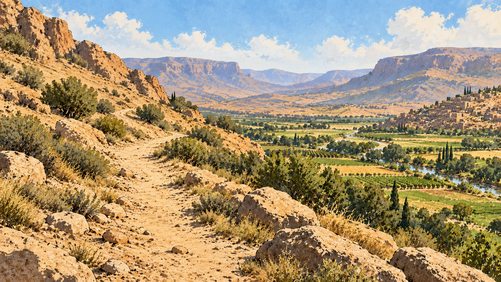 An empty rocky path looks toward cultivated land and a distant town.