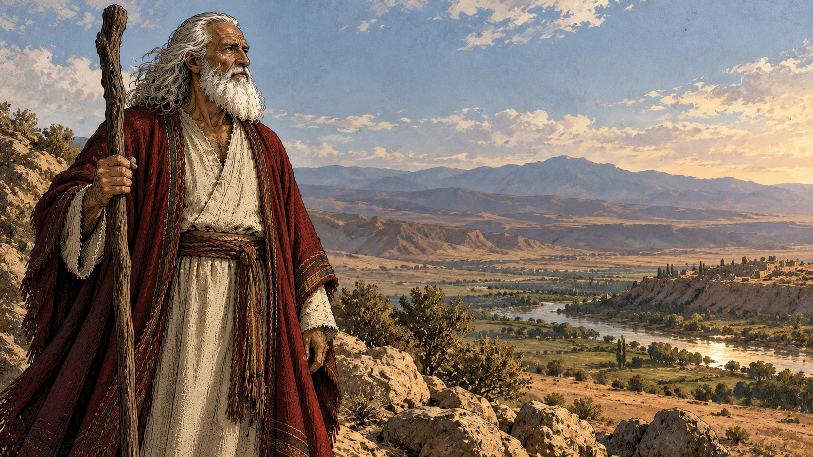 Moses stands apart, looking across the distant land.