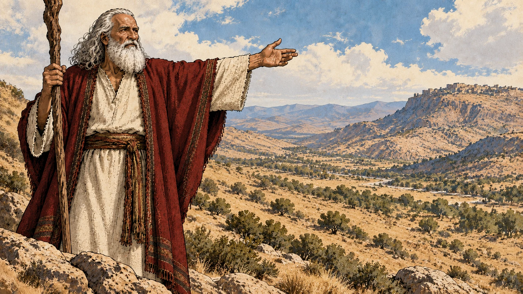 Moses gestures alone toward the distant land.