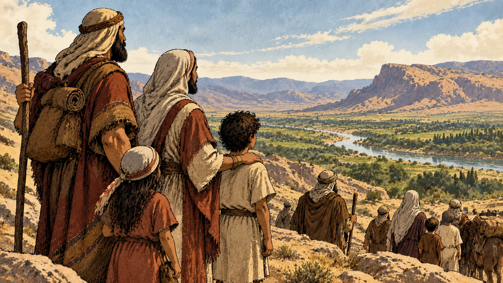 Parents and children look toward the promised land.