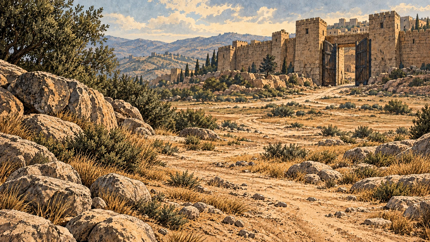 An empty ancient fortified-city gateway stands beyond a rocky eastern landscape.