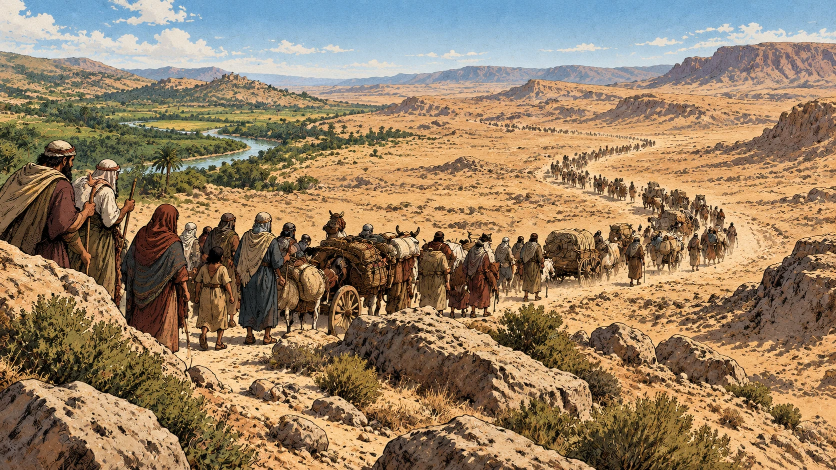 A caravan turns from green land toward the dry wilderness.