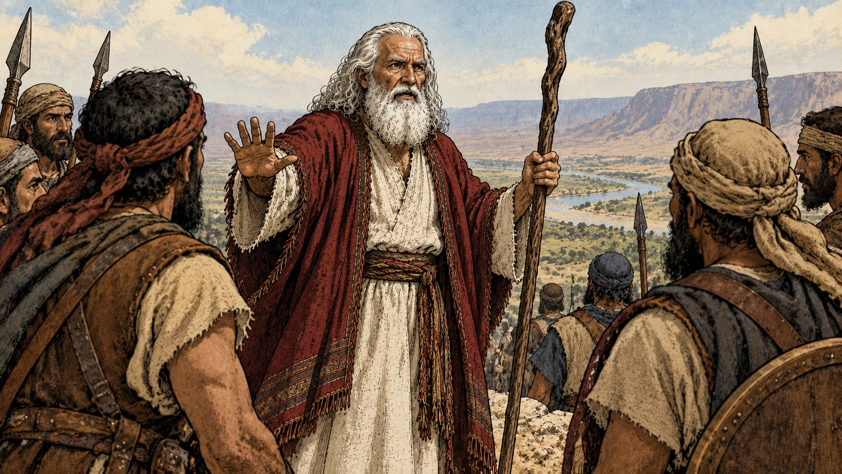 Moses raises a stopping hand before armed men.
