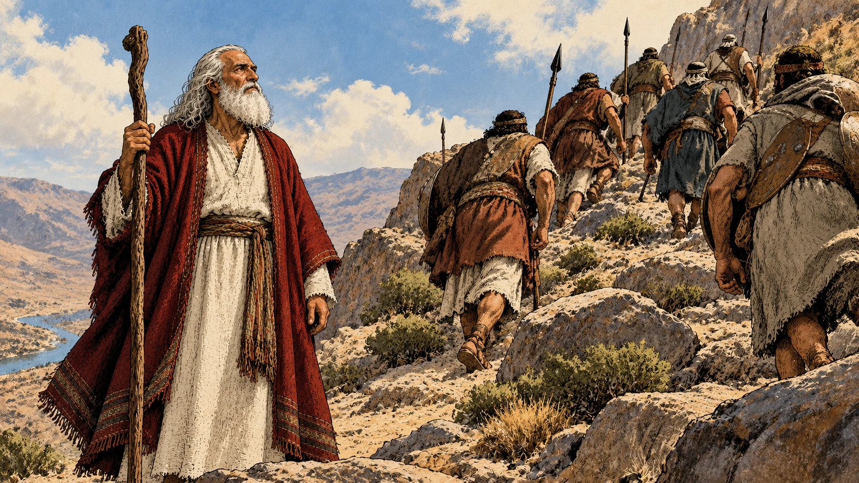 Armed men climb the rocky slope while Moses remains below.