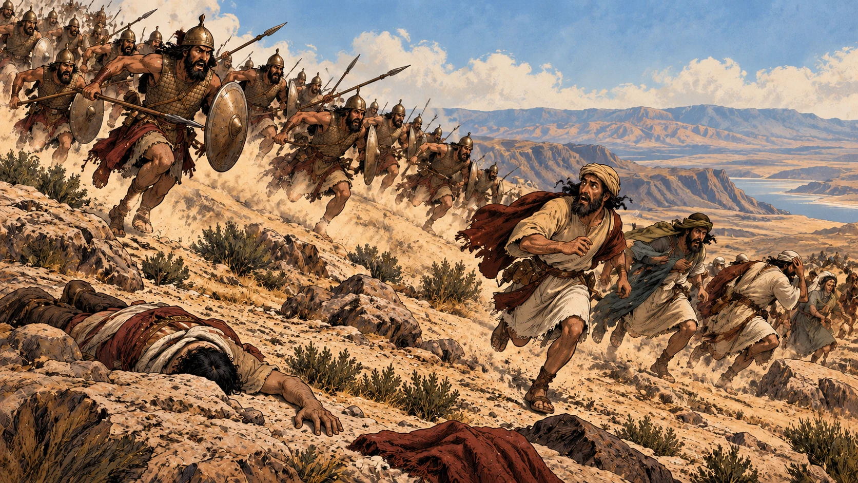Armored pursuers chase Israelites down the rocky slope past a fallen man.