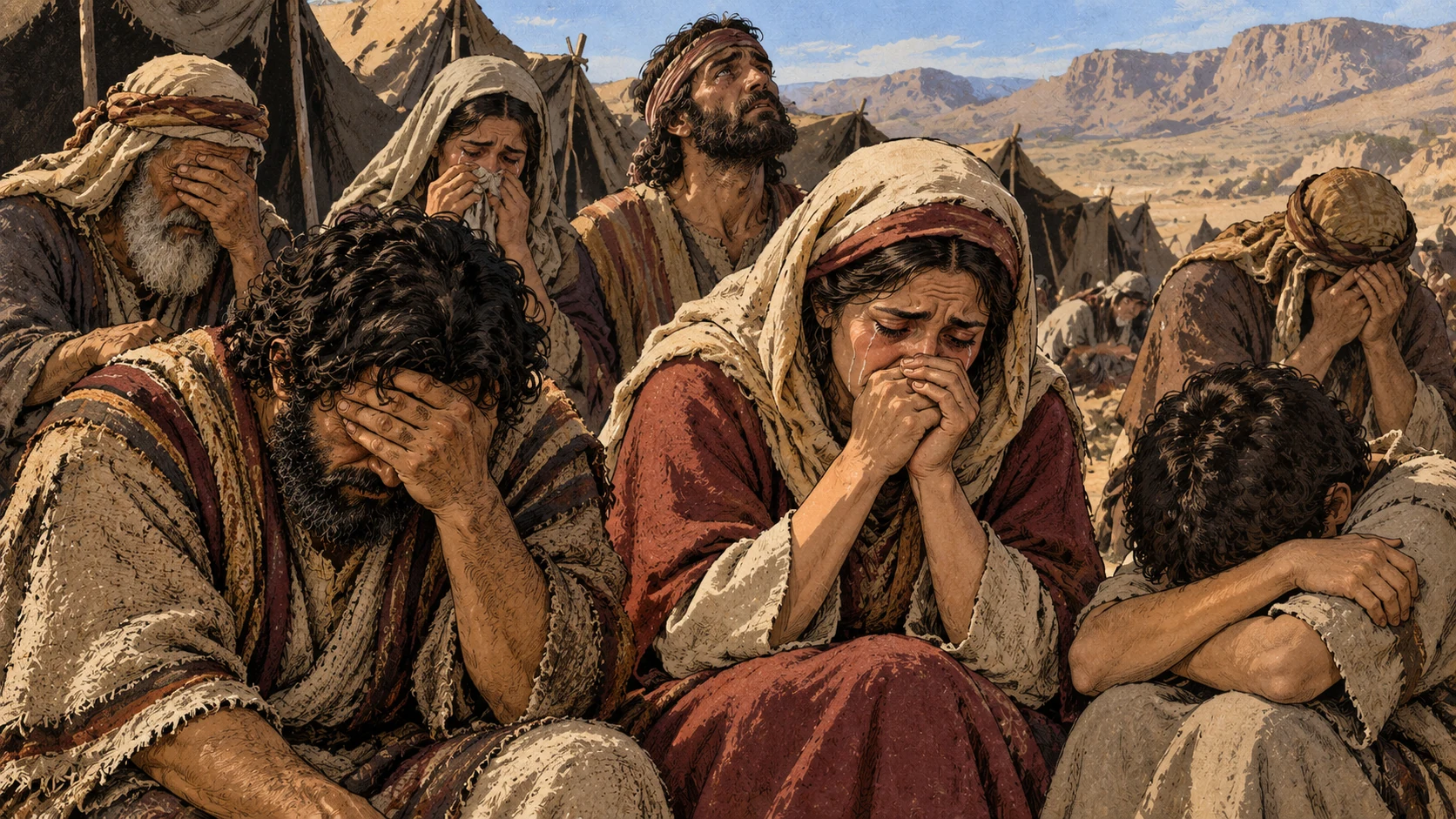 Returned people weep together beside their tents.