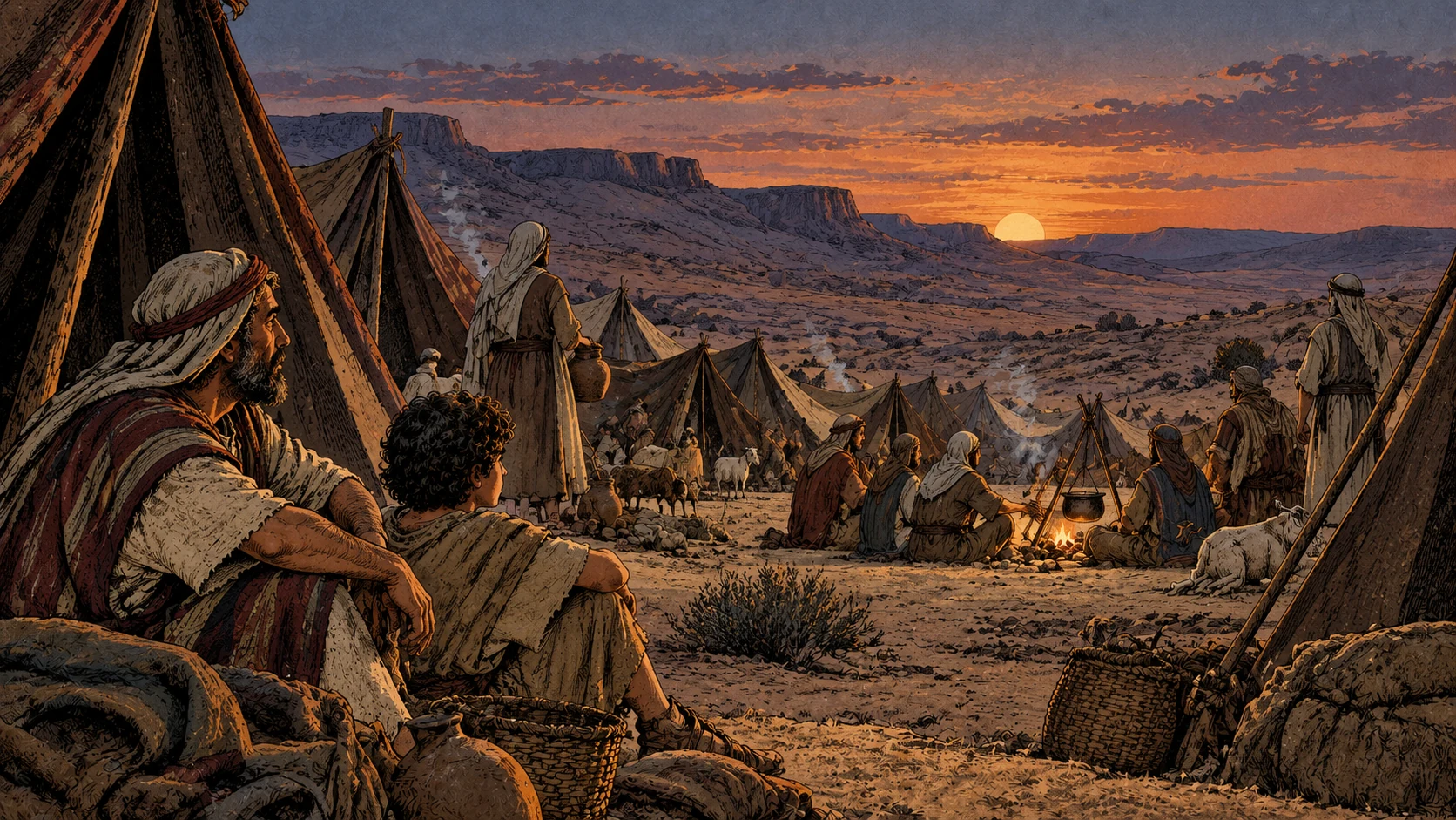Families sit among settled tents as the sun sets over the wilderness.