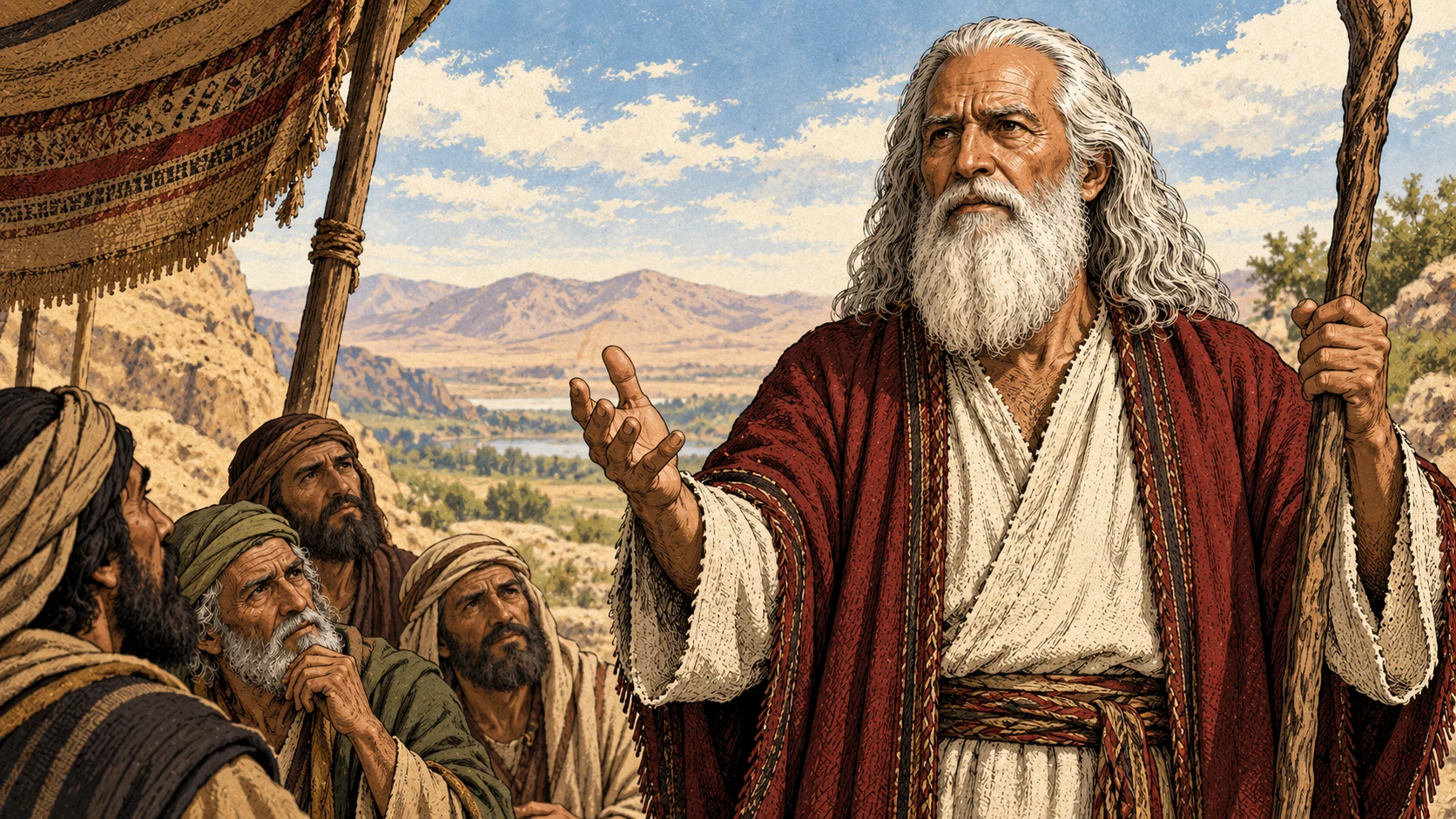 Moses speaks beside his staff while elders listen beneath the edge of a woven tent.