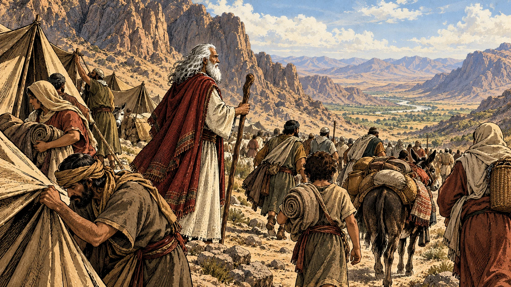 Israelites fold cloth and depart with pack animals while Moses stands beside the mountain route.