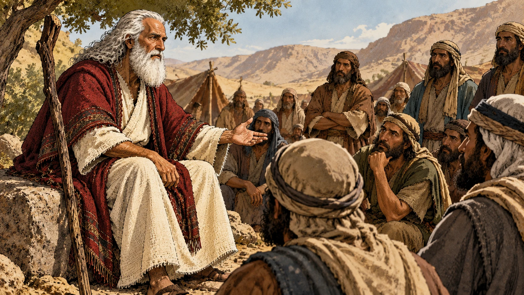 Moses sits beside his staff, speaking with an open hand to attentive people in the camp.