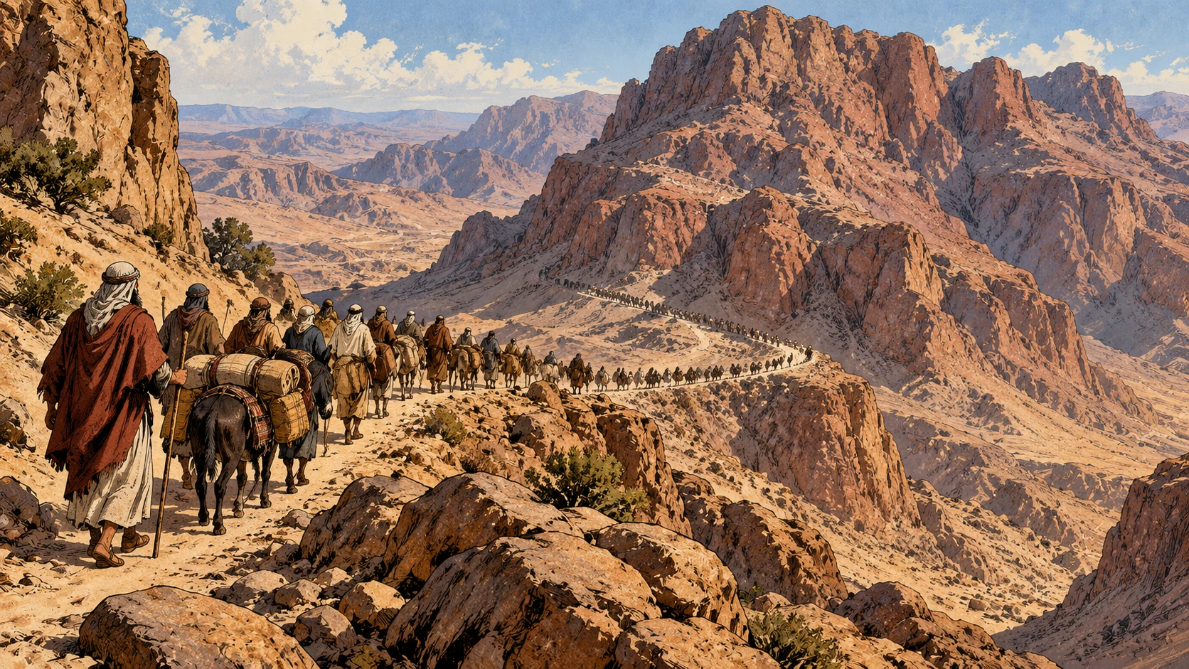 A long caravan follows a winding trail around a rugged desert mountain.