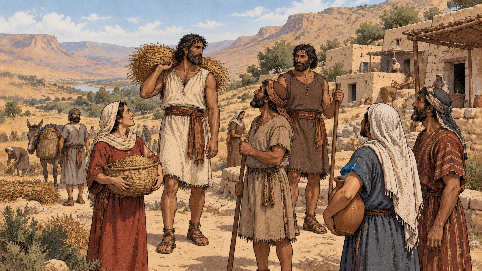 Naturally tall adults stand among grain workers in an earlier village.