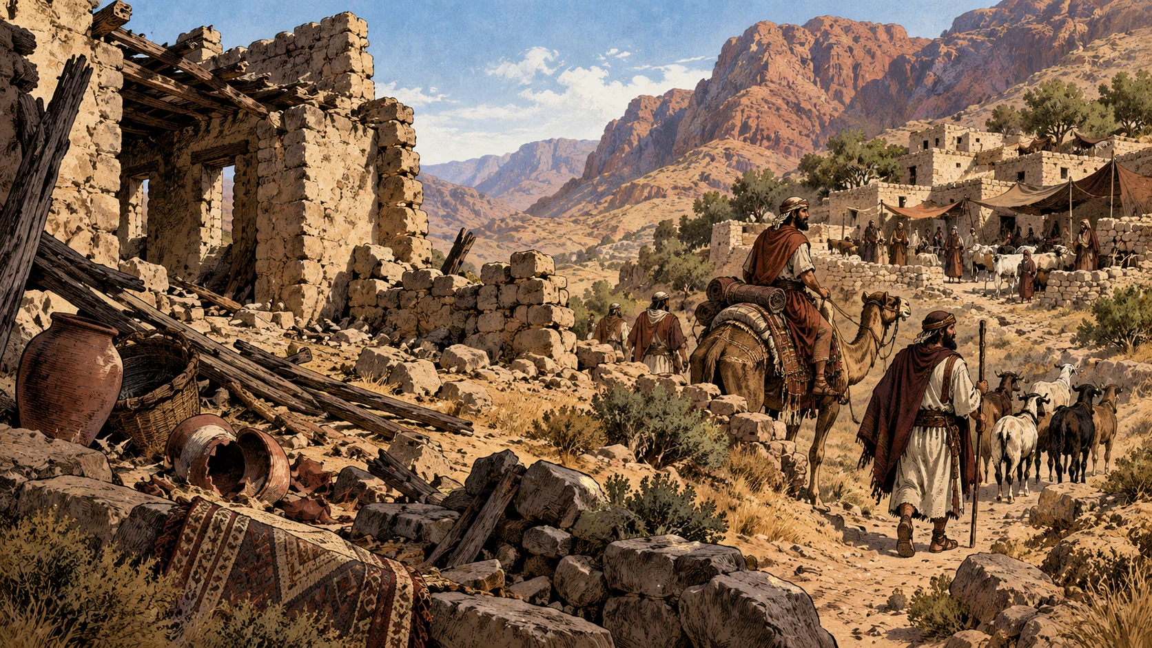 Broken vessels and a ruined dwelling stand before a reinhabited Seir settlement.