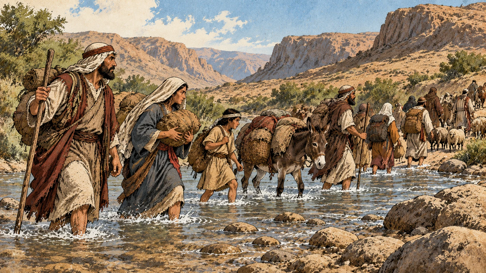 Travelers and pack animals cross a shallow rocky stream.