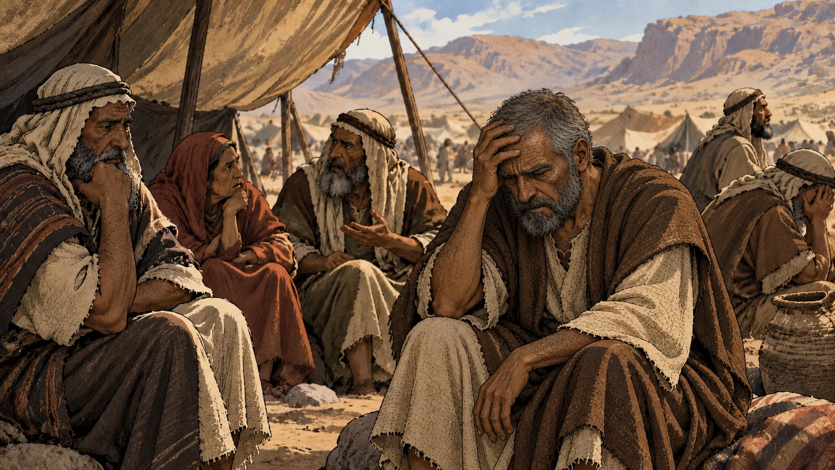 Weary older camp members sit in troubled disorder beneath tent cloth.