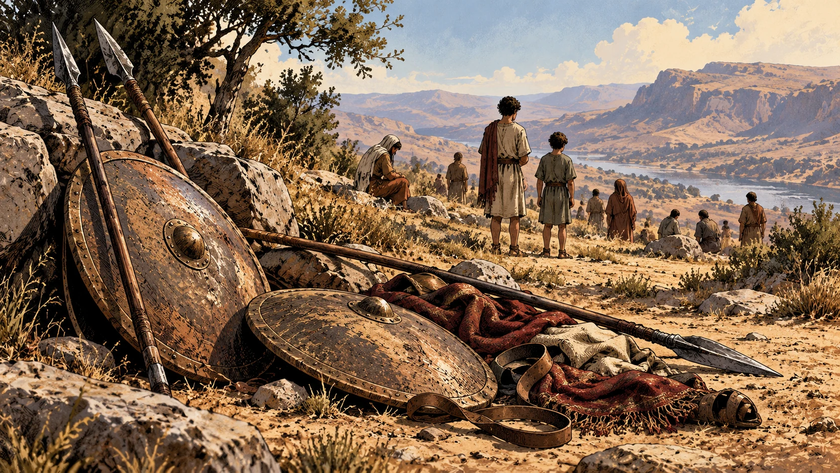 Weathered shields and spears lie beside folded cloth as younger people look toward camp.