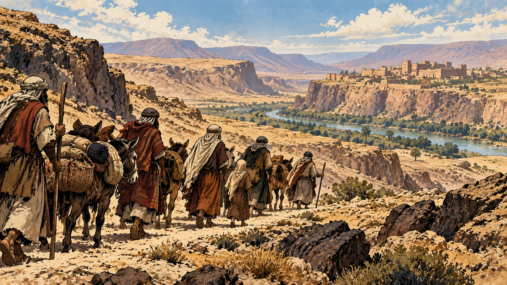 A caravan approaches a valley and a distant town near Moab’s border.