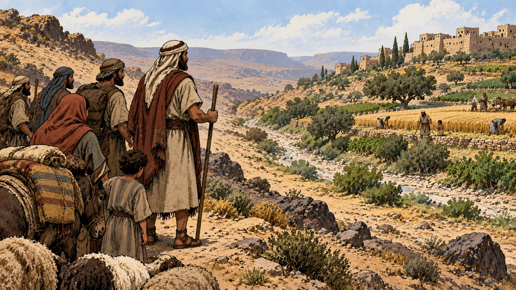 Travelers stop outside a cultivated valley while farmers work beyond it.
