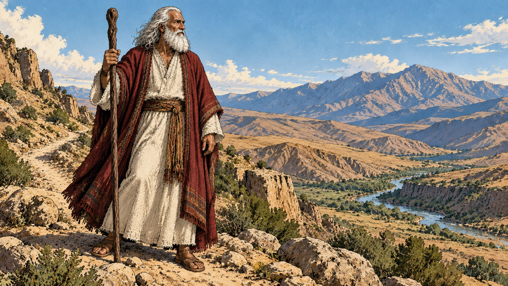 Moses looks toward a new ridge route beside his wooden staff.