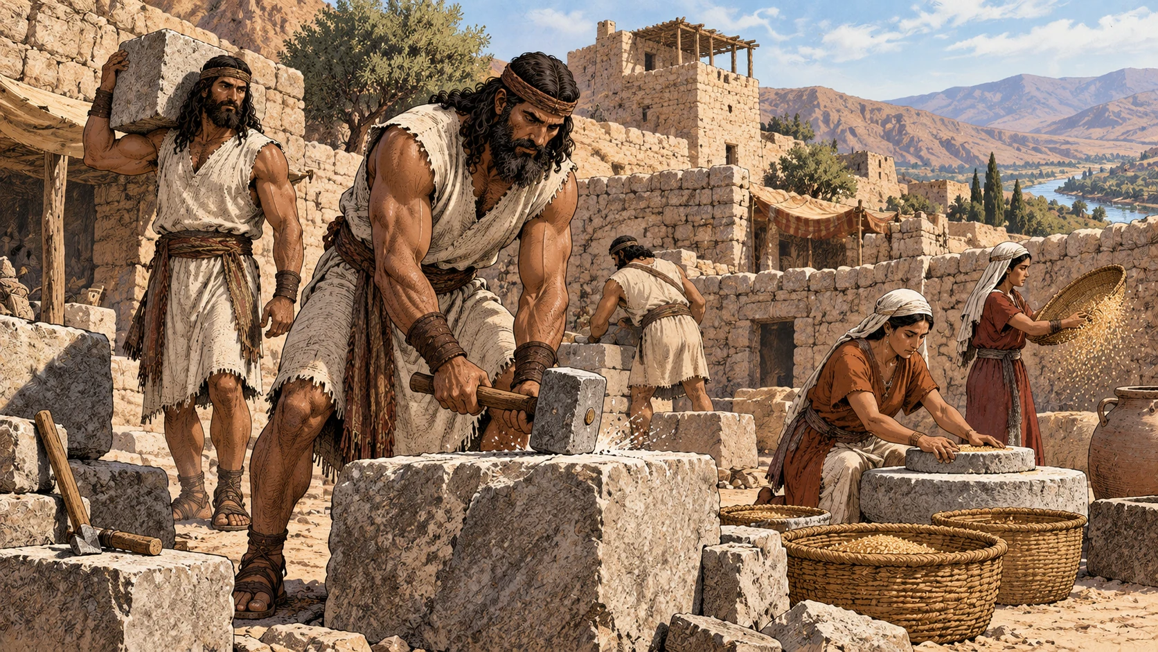 Tall anonymous men work stone while women prepare grain in an earlier settlement.