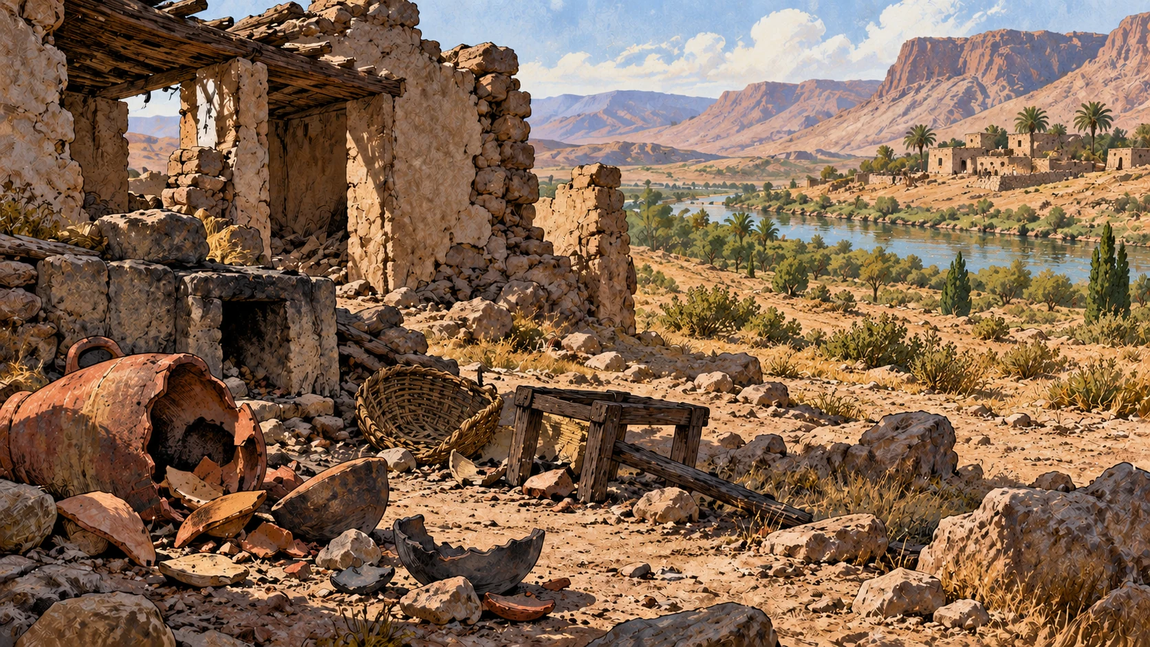 Broken household vessels lie beside an empty damaged settlement.
