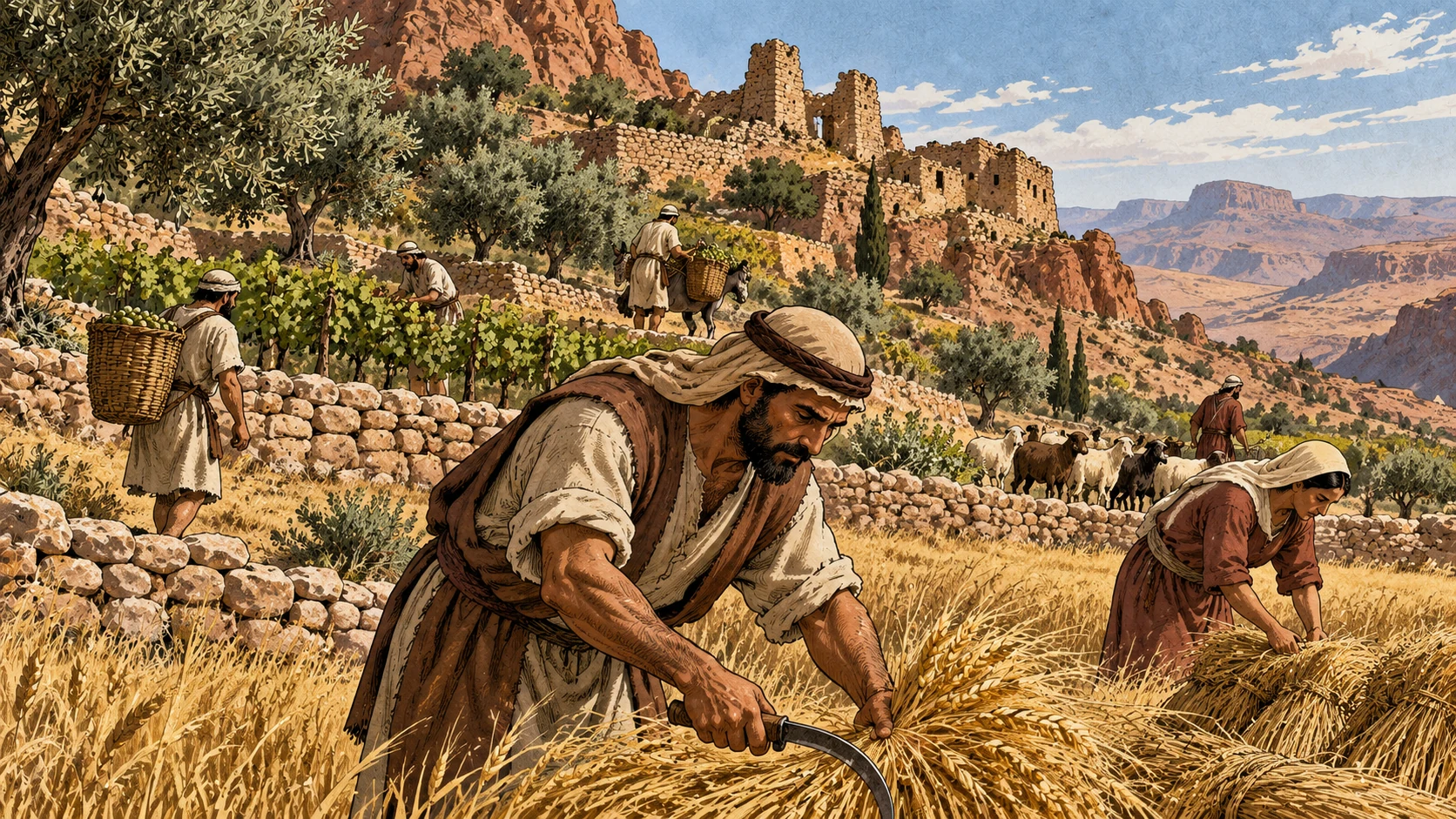 Farmers harvest grain and tend vines below older hillside ruins in Seir.