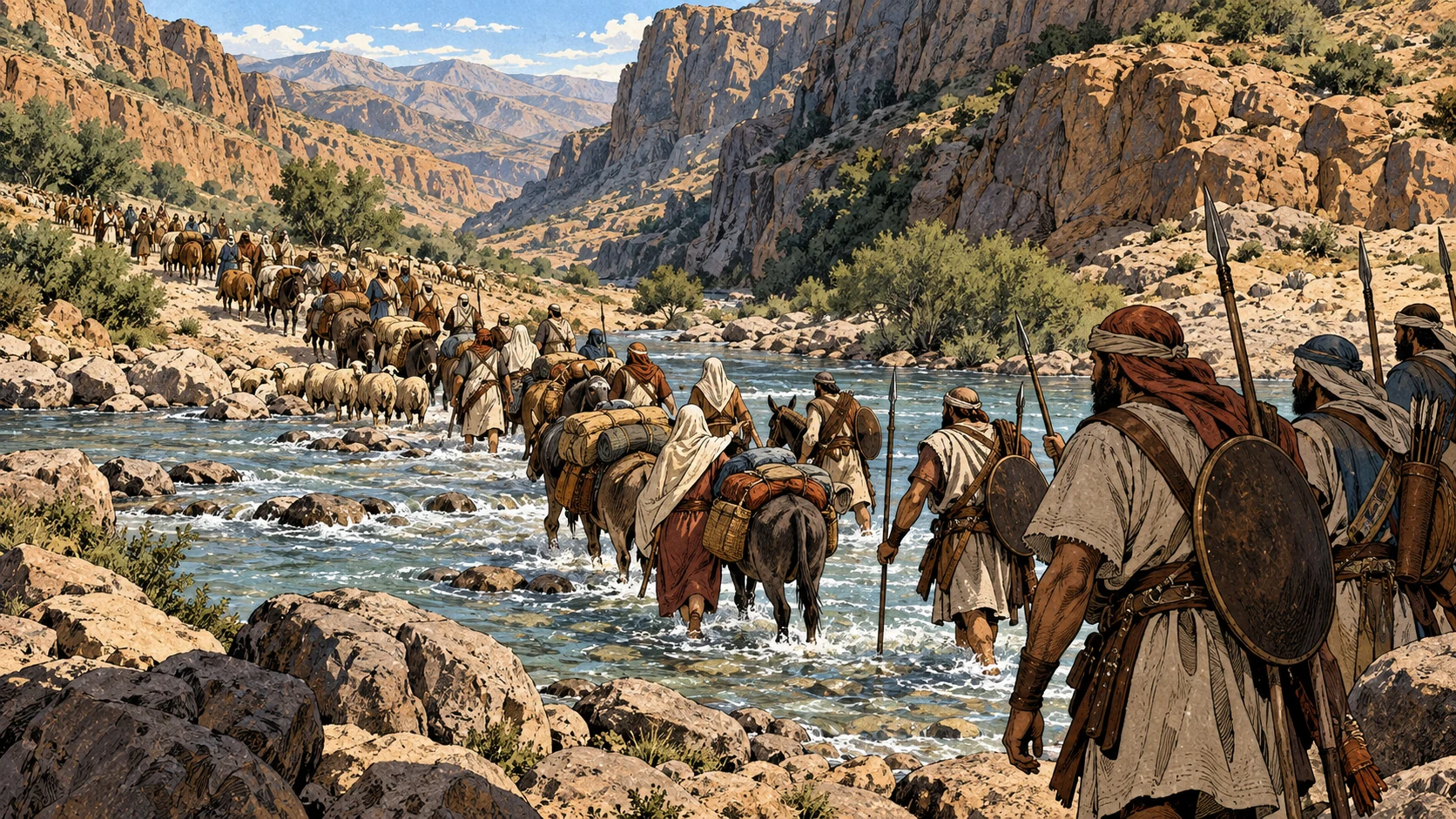 Israelites cross a rocky ford in a deep valley with their animals.