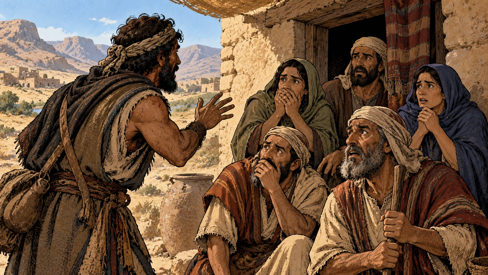 A household listens fearfully to a traveler’s report at a doorway.
