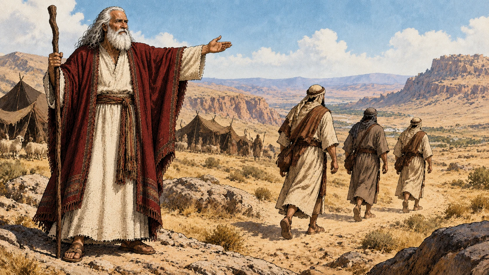 Moses sends unarmed messengers away from the camp along a dry route.
