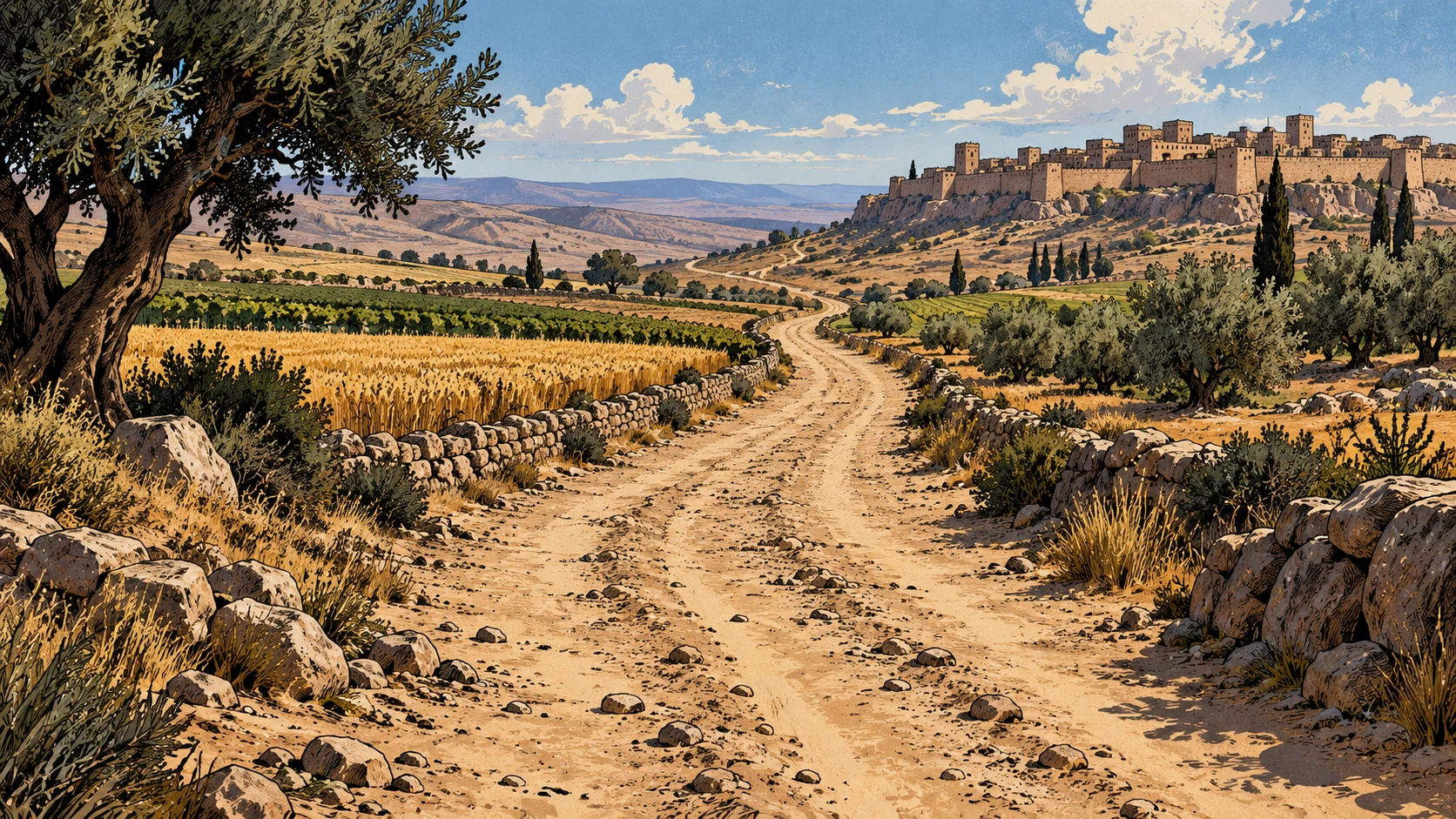An empty road runs between cultivated fields toward a distant fortified town.