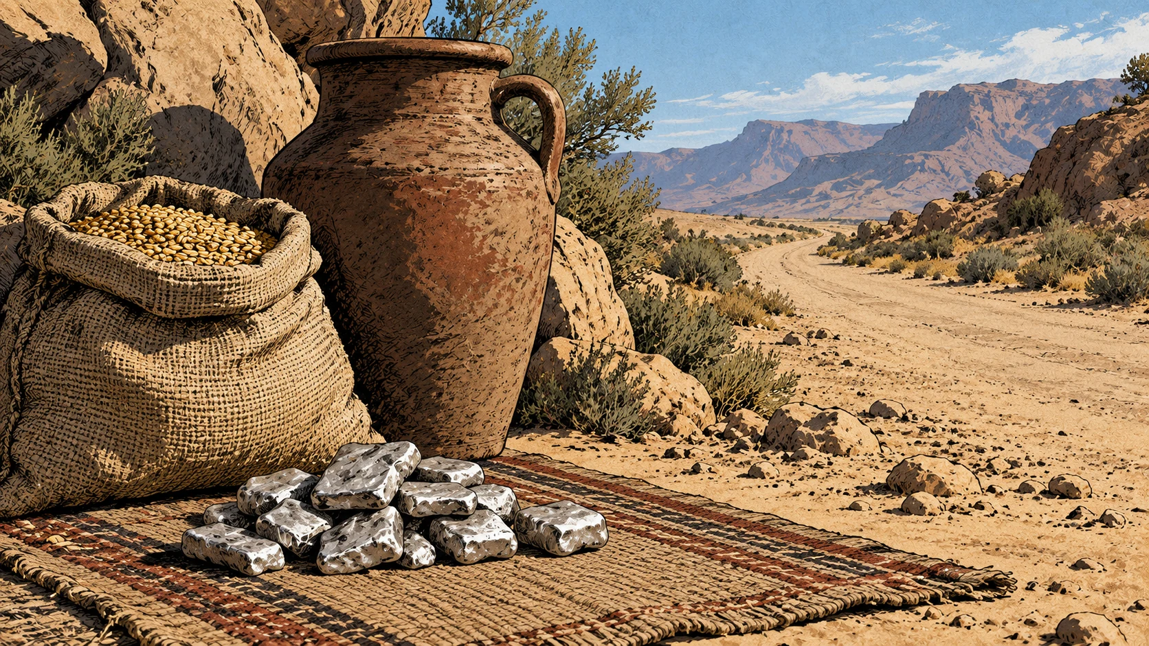 Silver pieces lie beside a grain sack and water jar on a roadside mat.