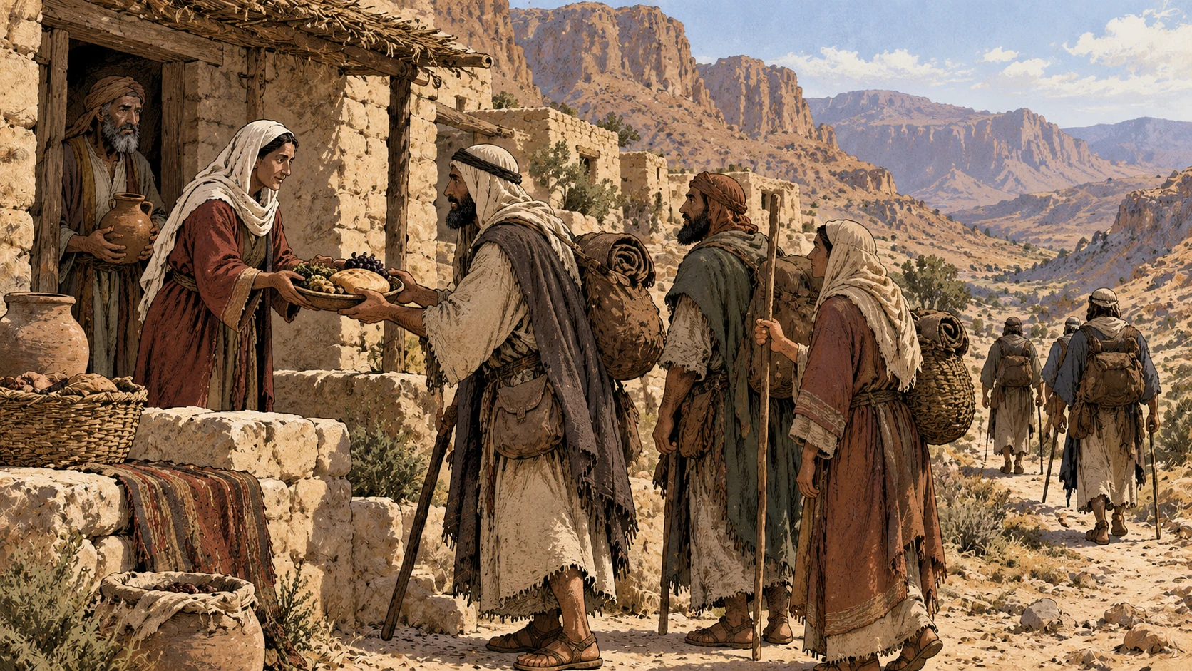 Travelers receive provisions beside ordinary dwellings along the earlier route.